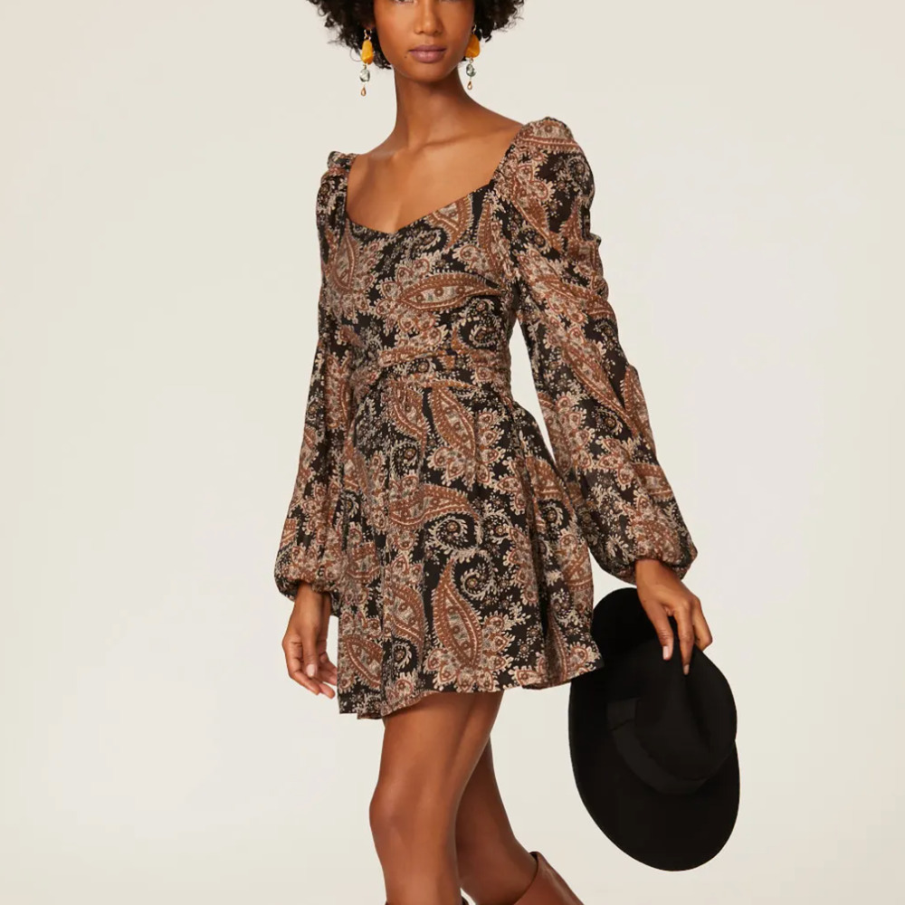 MinkPink Brown Paisley Mini Dress SMALL Ruched Fit & Flare Boho Cotton Western